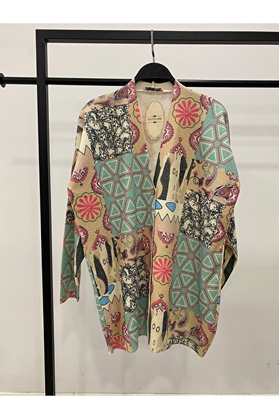 Hatun Atila Digital Printed Patterned V-Neck Buttoned Transitional Knitwear L...