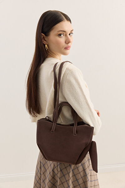EMNORA Dikiş Detaylı Mini Tote Çanta Süet Acı Kahve