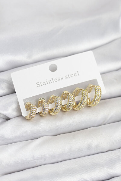 Clariss 316L Steel Gold Color Zircon Stone Hoop Earring Set -Kp-0750