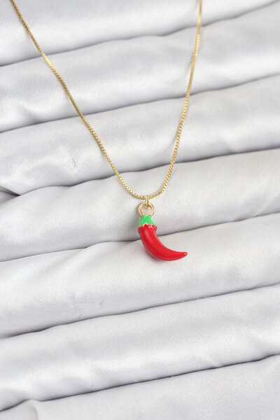 Marsilyan Brass Gold Color Red Capia Pepper Model Women's Necklace Ieg-8975