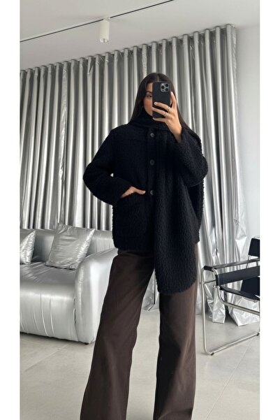 LİBREPRİVE Women's Plush Coat with Scarf Lining – Buttoned, Pockets, Oversize...