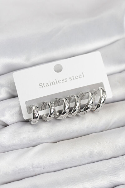 Carmella 316L Steel Silver Color Zircon Stone Pole Star Model Hoop Earrings S...