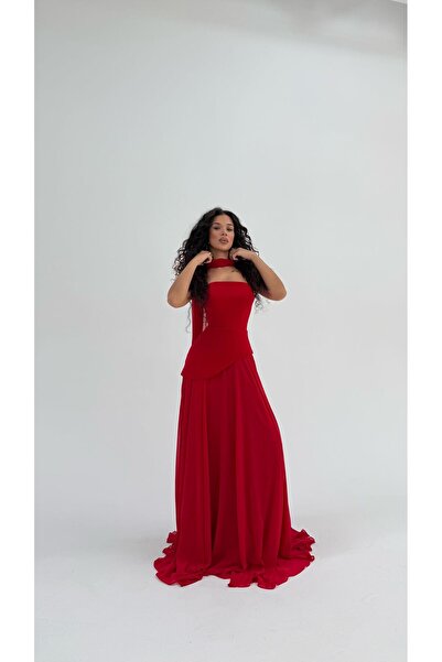 AYŞENUR DİNÇER Luna Fularlı Şifon Abiye Kırmızı