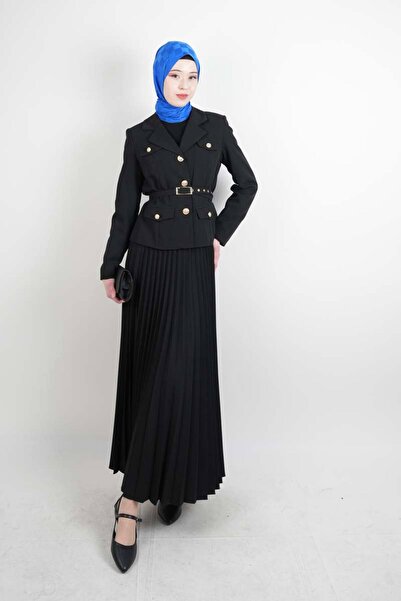 03KIZKULESITEKS Tesettür Takım Piliseli Etekli Blazer İkili Takım Siyah