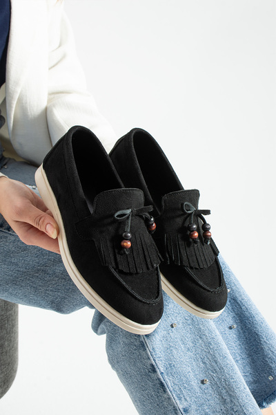 SHOW LİFE Women's Suede Loafer Shoes Casual Comfortable Shoes with Tassel and Bead Detail