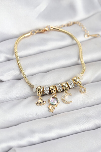 Clariss Brass Gold Color Space Theme Charm Women's Bracelet -Blk-0798