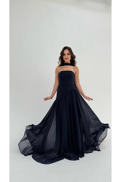 AYŞENUR DİNÇER Luna Fularlı Şifon Abiye Lacivert