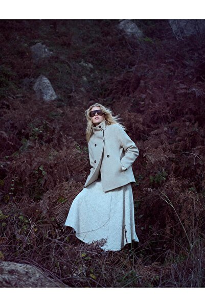 Koton Textured Asymmetrical Cut Midi Beige Women's Skirt 6Wak10320Ek