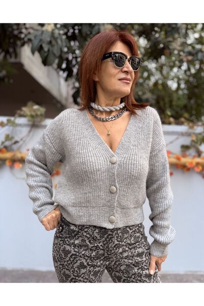 DenizEge Wool Blend Short Cardigan Gray