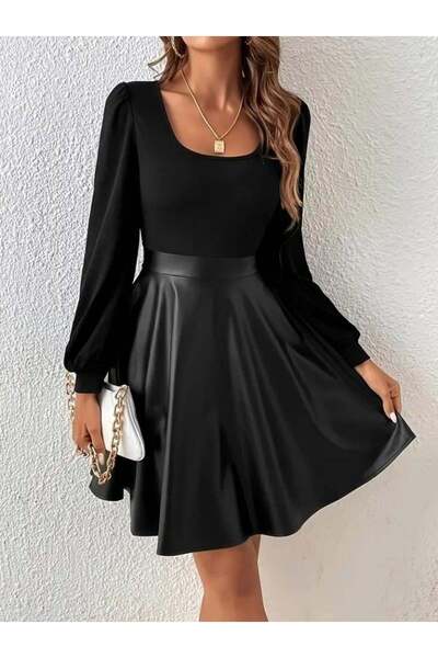 StilVibe Günlük Şıklık Deri Etek Elbise
