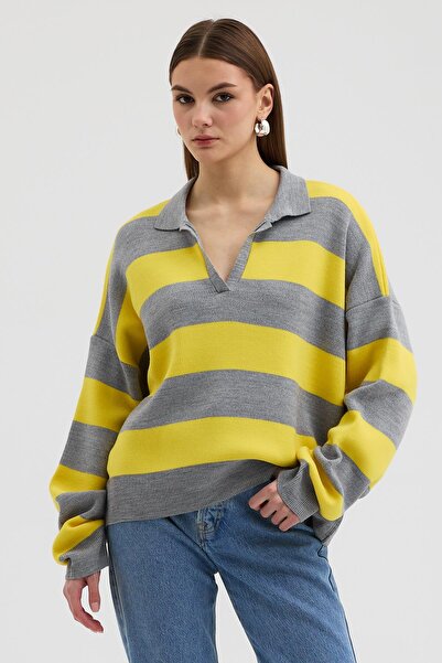 Lijuri Polo Neck Striped Knit Sweater 1386