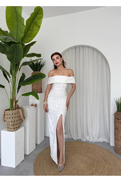 EtikaOnline Kadıni Papatya Detay Madonna Yaka Midi Elbise