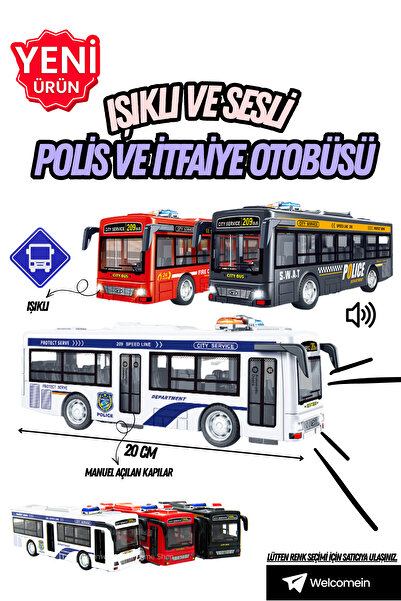 welcomein Sürtmeli Işıklı ve Sesli Polis İtfaiye Otobüsü 20 cm Manuel Kapılı ...