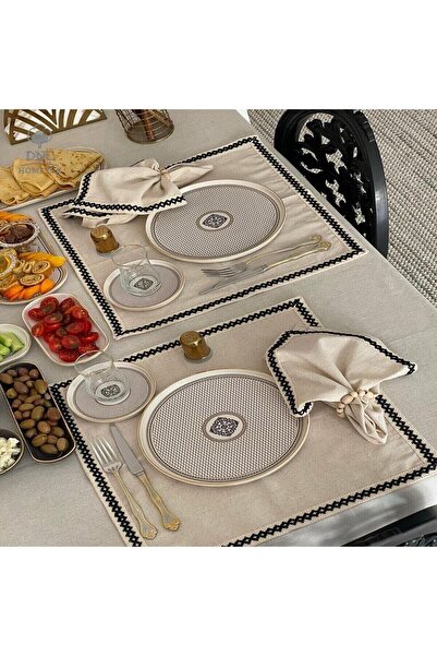 DNC HOMETEX Natural Keten Krem Siyah Şeritli Peçete Takımı [6 lı Toka Hediyeli]