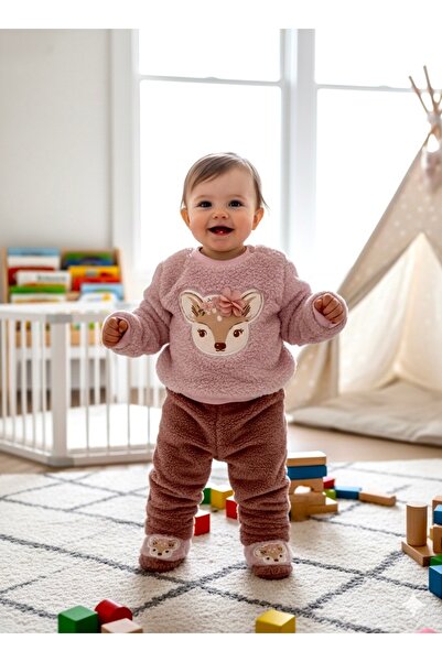 BEREN Kız Bebek Pembe Peluş Geyik Figürlü 3'lü Takım (Sweatshirt, Alt ve Panduf)
