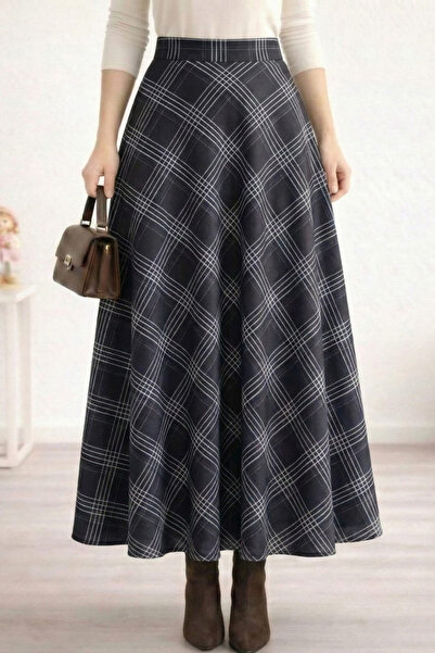Hb Harma Time Butik Women's Plaid Fabric Patterned Black Skirt