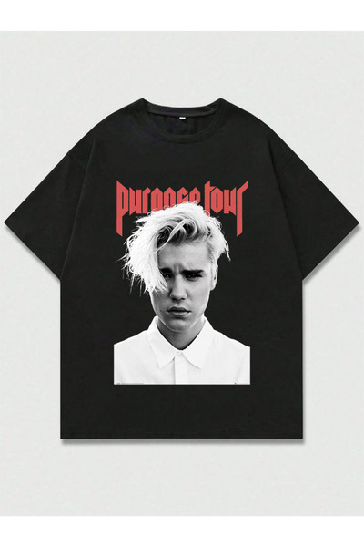 MAGORS تي شيرت أسود برقبة دائرية مطبوع للجنسين من جاستن بيبر مصنوع من القطن ب...