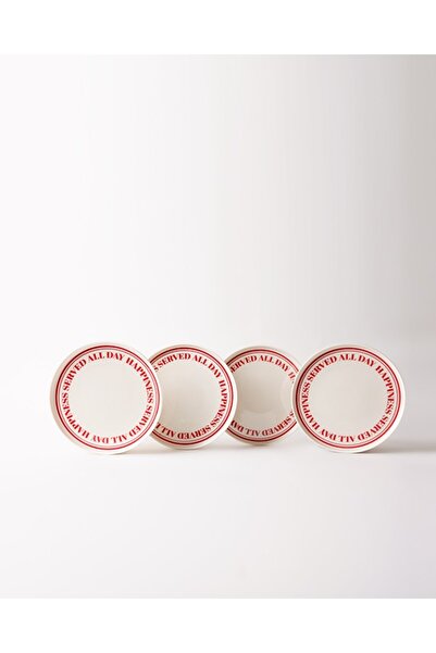TUSE LIVING Happiness Yazılı 4' lü Porselen Pasta Tabağı 21 cm - Kırmızı Kırmızı