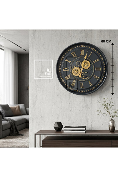 İki Yedi Konsept Hubert Füme Renk 60 cm Döner Çarklı Duvar Saati Metal Mekani...
