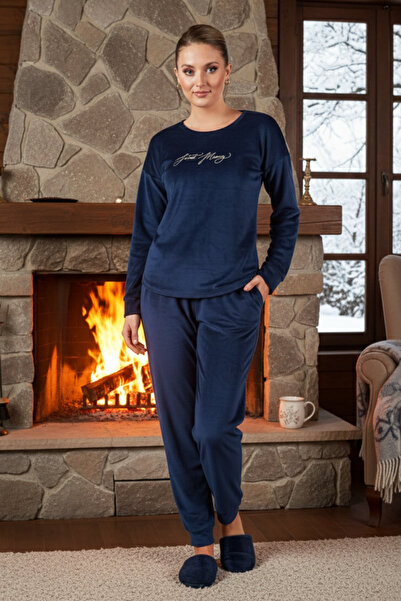 REMSA Дамски кадифен комплект пижама с принт 25381 тъмносин