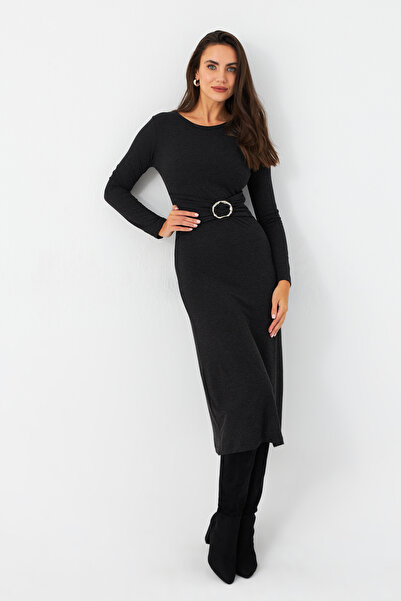 NEW JOURNAL Kadın Antrasit Tokalı Midi Elbise EY2984