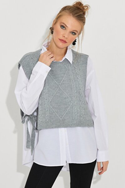 Be Best Women's Gray Side Tie Sweater Be301