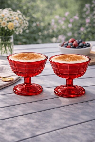 Jenisa وعاء حلوى زجاجي أحمر بنقشة الداما مع قاعدة - طقم من قطعتين - للآيس كري...