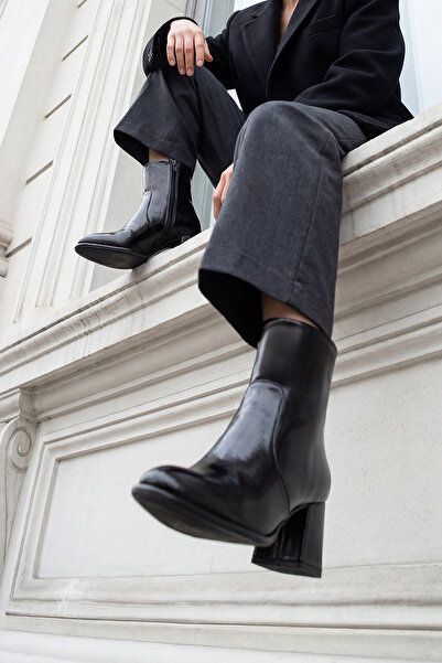 Marjin Women's Zippered Warm Lining Thick Heeled Boots Hersin Black