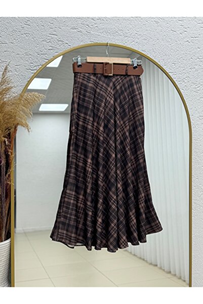 MİHRA STORE Filisia Patterned Flared Skirt-Gs6448 Light Brown