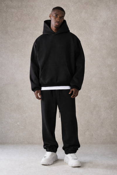 Tarz Cool Ανδρικό σετ αθλητικής φόρμας με κουκούλα Basic Relaxed με βαμβακερή επένδυση από φλις