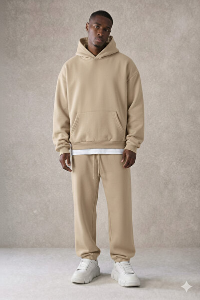 Tarz Cool Ανδρικό σετ αθλητικής φόρμας με κουκούλα Basic Relaxed Mink με βαμβακερή επένδυση από φλις