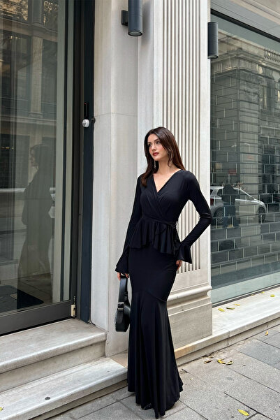 Klex Kruvaze Yaka Volan Detaylı Uzun Elbise