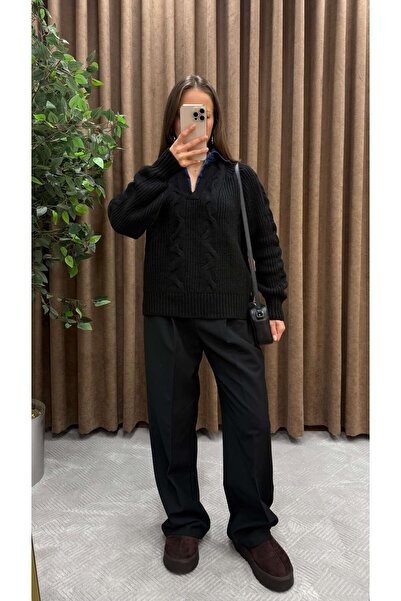 Maysa Tricot Sweater with Jeans Detail on the Collar - Black, Blue