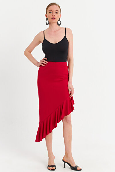 NEW JOURNAL Women's Red Asymmetrical Pleated Skirt Ev741
