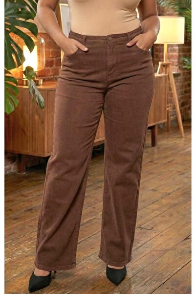 RMG Beli Lastikli Bol Paça Büyük Beden Kot Pantolon Kahve