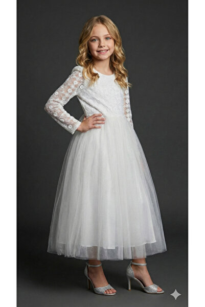 ay yılmaz Kız Çocuk Abiye Elbise Belden Bağlamalı Uzun Kollu EKRU