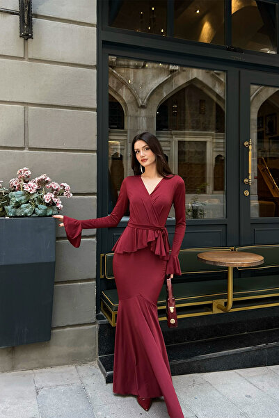 Klex Kruvaze Yaka Volan Detaylı Uzun Elbise