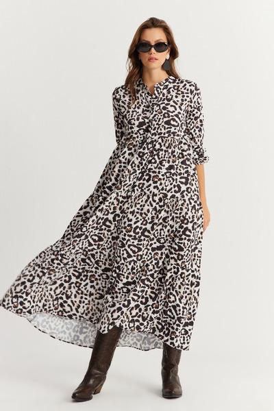 NEW JOURNAL Rochie maxi neagră-ecru pentru femei cu volane cu model MYLE14