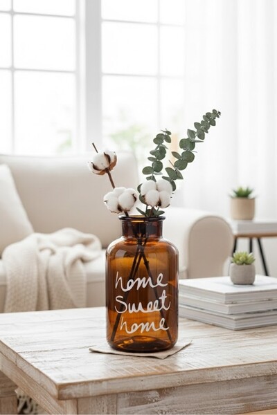 EVİMDM Home Sweet Home Yazılı Dekoratif Amber Cam Vazo - Vintage Ev Aksesuarı