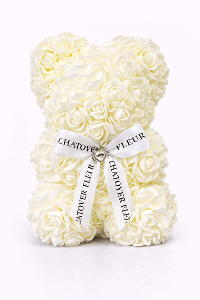 OEM Bear made of artificial Milk White foam roses, in a transparent box