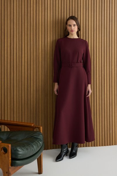 Aker Bordo Kemerli Evaze Elbise