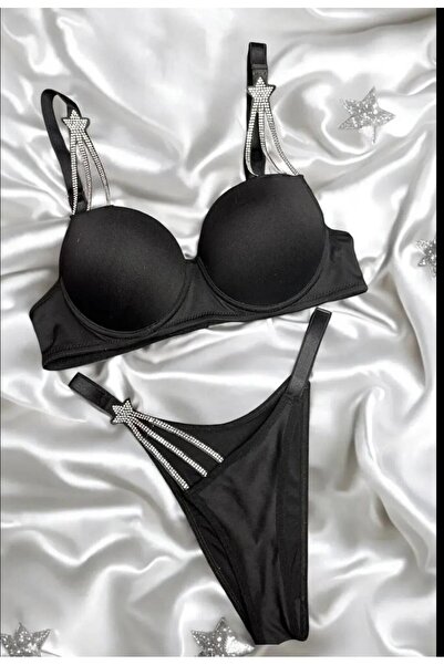 KIZIL GECE siyah yıldız taş detaylı südyen takımı