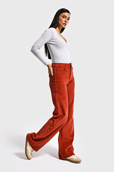it's basic Women's Brick Color 26W5-104 Slim F Corded Fabric Velvet Fabric Straight Fit Pants