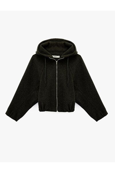 Koton Hooded Cashmere Bomber Jacket with Pockets and Zipper Long Sleeves