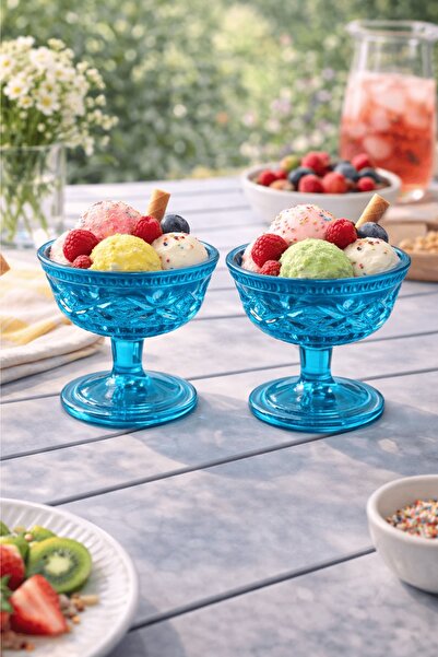 Jenisa وعاء حلوى زجاجي بنمط العين التركوازية مع قاعدة - طقم من قطعتين - للآيس...