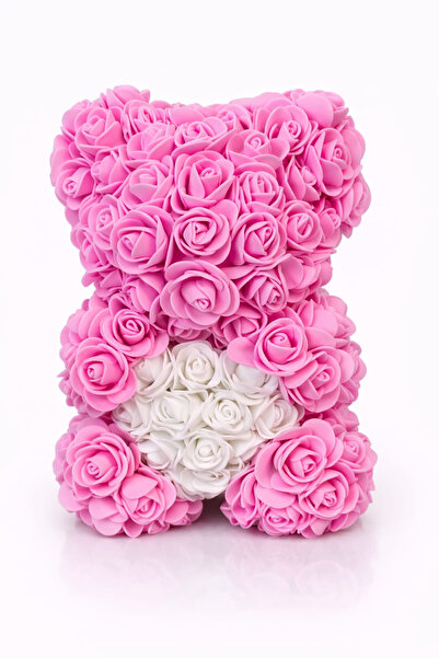 OEM Decorative teddy bear made of deep pink foam roses with a white heart in a transparent box