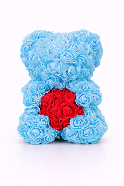 OEM Decorative teddy bear made of light blue foam roses with a red heart in a transparent box