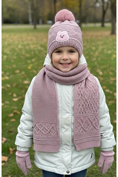 mayakids Bear Detail Soft Textured Girls' Scarf, Beanie, and Gloves Set