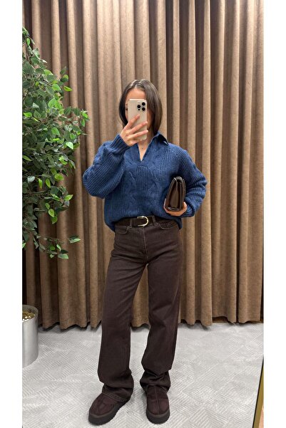 Maysa YAKASI KOT DETAYLI TRİKO KAZAK-İNDİGO