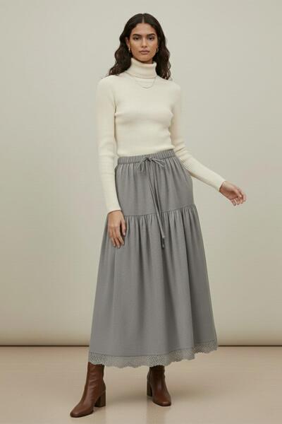 Puane Women's Long Skirt with Lace Hem and Elastic Waist - 18292Etk - Gray